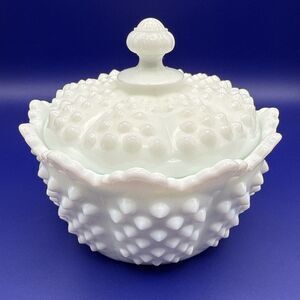 Vintage Fenton White Hobnail Milk Glass Candy Dish w/ Handle and Lid Grandma